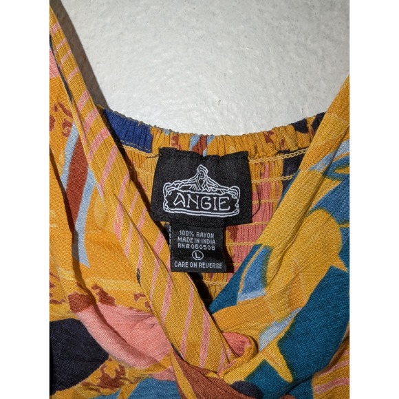 Angie Tropical Floral Twist Front Tiered Mini Dress Yellow Blue Pink Women Large - Picture 4 of 12